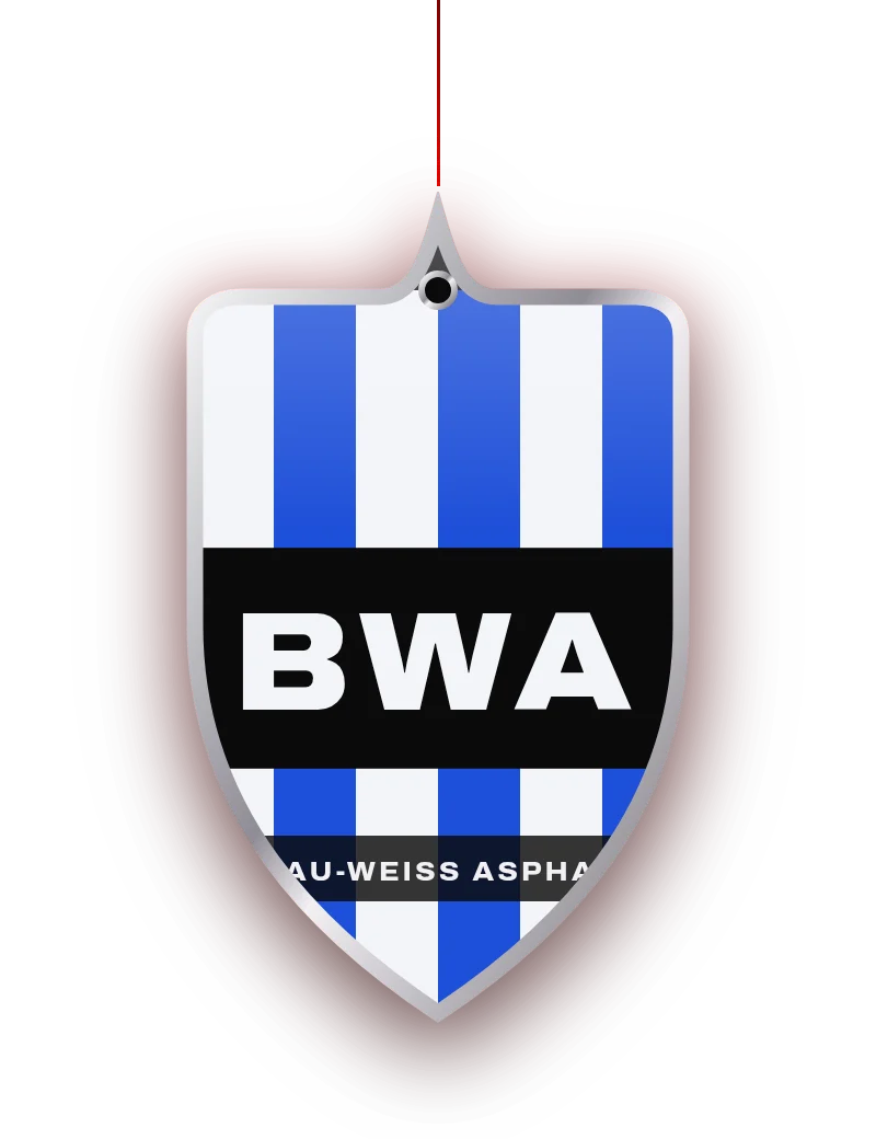 Duftanhänger Blau-Weiß Asphalt im Wappen-Schnitt mit Club-Motiv Blau-Weiß Asphalt (eigener Entwurf), Chromkante und roter Kordel