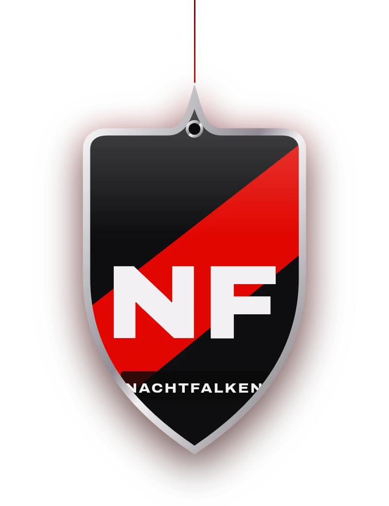 Duftanhänger Nachtfalken im Wappen-Schnitt mit Club-Motiv Nachtfalken (eigener Entwurf), Chromkante und roter Kordel