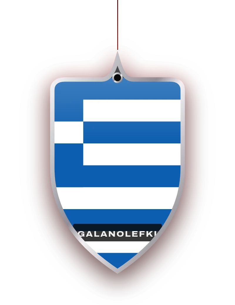 Duftanhänger Galanolefki im Wappen-Schnitt mit Flagge Griechenlands, Chromkante und roter Kordel