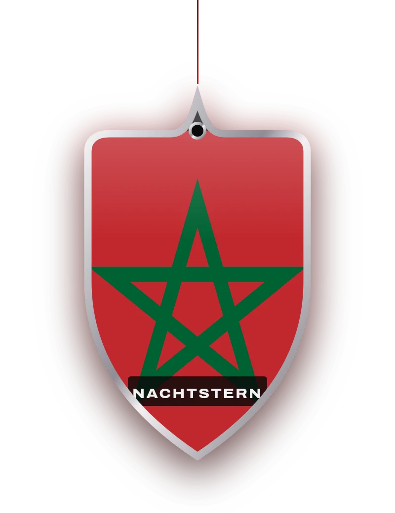 Duftanhänger Nachtstern im Wappen-Schnitt mit Flagge Marokkos, Chromkante und roter Kordel